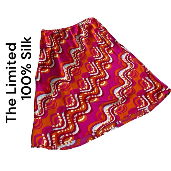 The Limited 100% Silk Skirt Orange Pink Cream Blue Red Sz Med Bias Cut - Picture 2 of 7